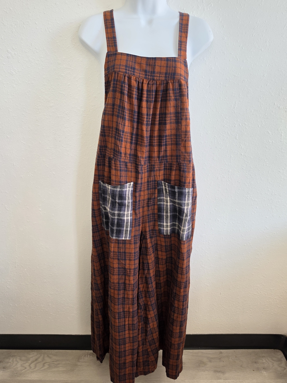 Natural Life XS Plaid Wide Leg Overall Jumpsuit Tie Back Pockets NWT